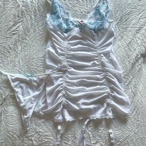 White & blue lingerie chemise with matching thong